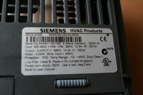 Siemens 6SE6 436-2BD24-0BA0 HVAC SED2-4/32B 6SE6436-2BD24-0BA0 4.0KW