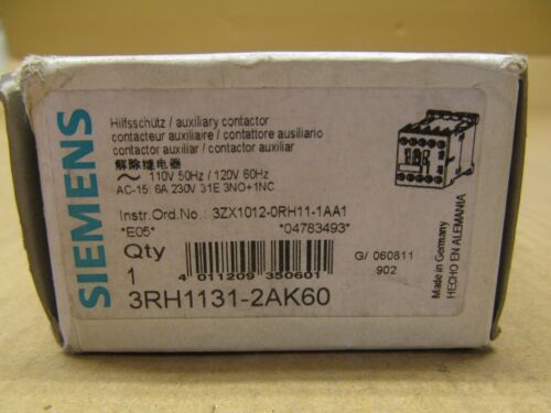 1 NIB SIEMENS 3RH1131-2AK60 3RH11312AK60 CONTROL RELAY 3NO 1NC 120VAC COIL CC