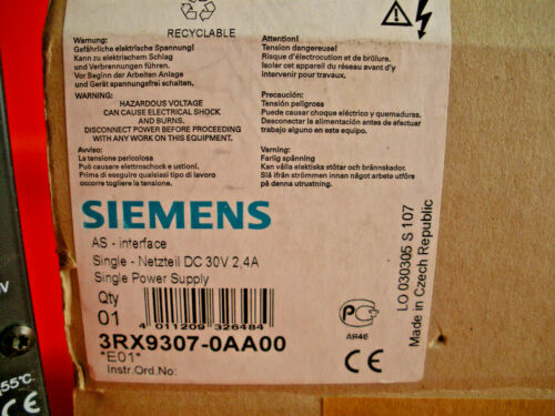 Siemens 3RX9307-0AA00 Single Power Supply AS Interface DC 30v 2.4a 3RX93070AA00