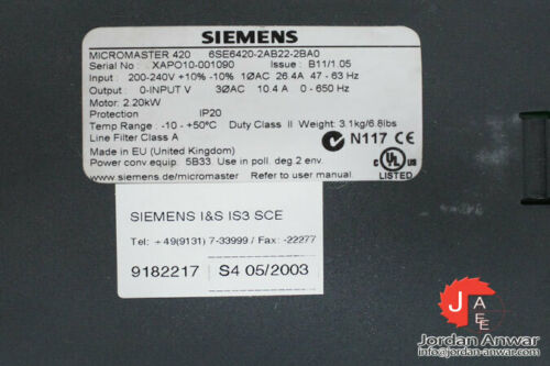 SIEMENS MICROMMASTER 420 6SE6420-2AB22-2BA0 FREQUENCY INVERTER