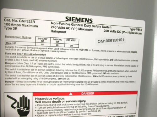 NIB .. Siemens Safety Switch 100A, 3P, 240V Non-Fusible Cat