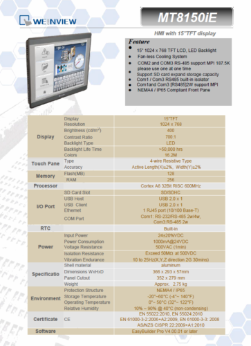 Weintek HMI 15 color TFT MT8150iE compatible with Allen Bradley, Siemens & more