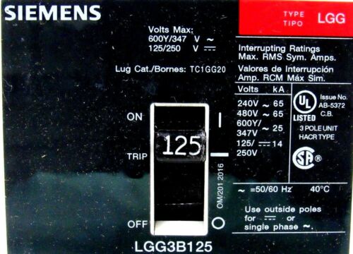 NEW SIEMENS LGG3B125L CIRCUIT BREAKER 3POLE 125A 480V