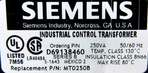 NEW SIEMENS D69138460 INDUSTRIAL CONTROL TRANSFORMER MT0250B 250VA 240/480-24V