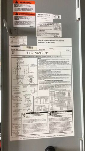 Siemens 17DP92BF81 NON-FUSIBLE COMBINATION HEAVY DUTY MOTOR STARTER