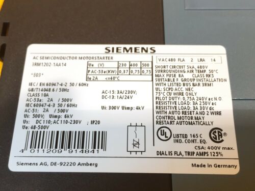 NEW SIEMENS 3RM1202-1AA14 SEMICONDUCTOR MOTOR STARTER 480 VOLT