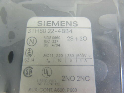 SIEMENS 3TH8022-4BB4 CONTACTOR/CONTROL RELAY 17-30VDC ***NIB***