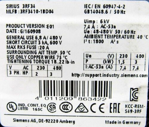 NEW SIEMENS 3RF3410-1BD04 CONTACTOR 3RF34101BD04