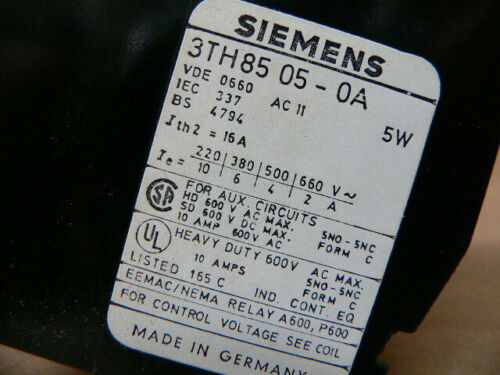 SIEMENS 3TH85 05-0A CONTACTOR 600 VAC MAX 5 WATTS
